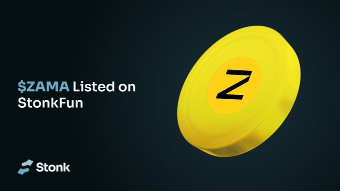 A promotional graphic with a dark background featuring a yellow coin with a stylized "Z" logo, announcing "$ZAMA Listed on StonkFun" in white and blue text, accompanied by the Stonk branding at the bottom. The image visually represents the launchpad listing announcement, tying together the ZAMA token and StonkFun platform featured in the post.