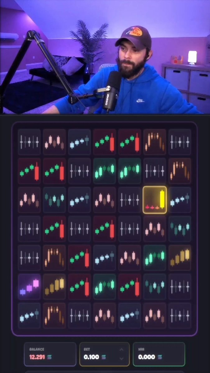 The image shows a man wearing a blue shirt sitting behind a microphone, with a large screen displaying a grid of numbers and symbols that appear to be related to stock trading or financial analysis. The text "Memecoin trenches could never! 0.1 to 50 SOL" is also present in the image.