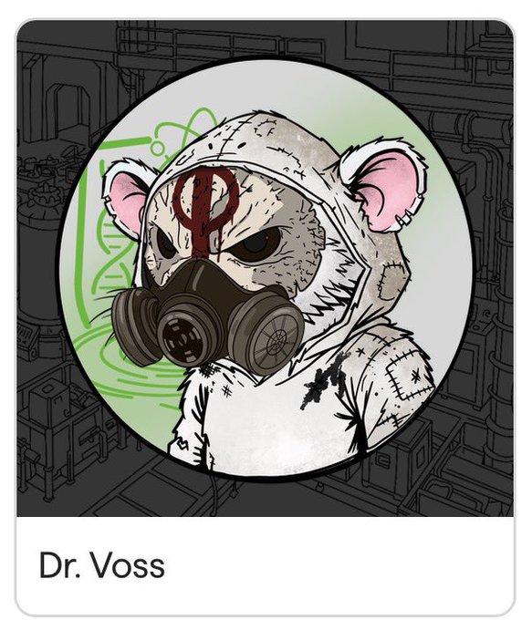 A circular avatar card labeled 'Dr. Voss' depicting a white bear-like character wearing a tattered hood, a gas mask, and a red symbol on its forehead, against an industrial background.