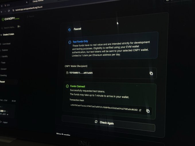 A laptop screen displaying the Canopy testnet faucet page, showing a successful 'Funds Claimed!' message with a transaction hash for requesting test CNPY tokens to a wallet.