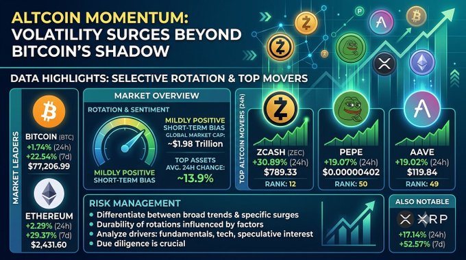 The image is a market infographic titled "Altcoin Momentum: Volatility Surges Beyond Bitcoin's Shadow," highlighting BTC at $77,206.99 (+1.74% 24h) and top altcoin movers Zcash (+30.89% to $789.33), PEPE (+19.07%), and AAVE (+19.02%), with XRP also notable at +17.14%—visually reinforcing the post's message that capital is rotating into high-beta altcoins while Bitcoin stabilizes above $77,000.