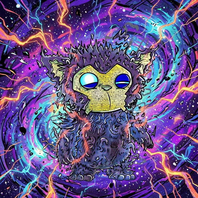 A vibrant, psychedelic digital illustration of a fluffy dark blue creature with glowing eyes, surrounded by swirling cosmic colors, lightning bolts, and energetic patterns in purple, pink, and cyan.
