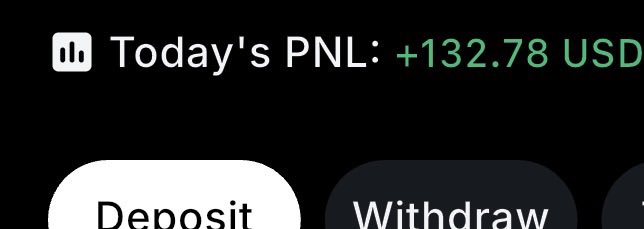 A trading app screenshot displays "Today's PNL: +132.78 USD" in green text, indicating a daily profit of $132.78, alongside "Deposit" and "Withdraw" buttons. The image supports the user's "brag" post by visually showcasing their modest but positive daily trading gains.