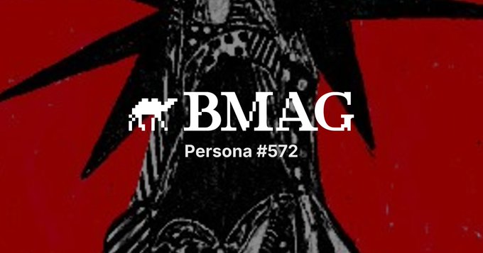 A red and black graphic featuring the Statue of Liberty with the text 'BMAG' and 'Persona #572' overlaid in white.
