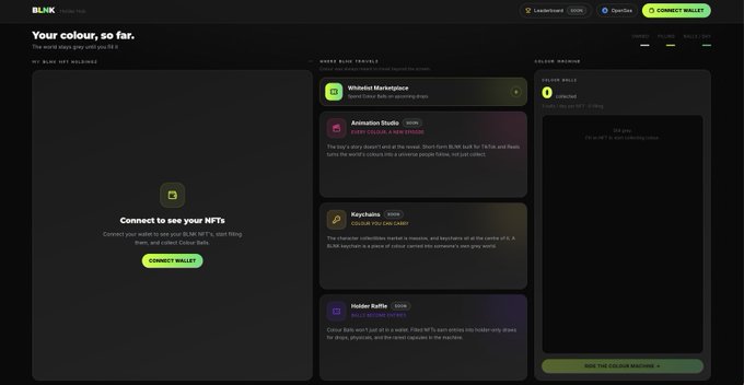 The image shows the BLNK NFT marketplace dashboard titled "Your colour, so far," prompting users to "Connect Wallet" to view NFTs like Whiskied Marketplace, Animation Studio, Keychain, and Holder Raffle, with a "Colour Machine" sidebar that displays zero connection and references a BLNK-based staking/airdrop system. This aligns with the announcement that the marketplace is live, allowing users to stake NFTs for color balls that serve as marketplace currency and influence the $BLNK airdrop.