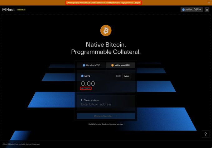 The Hashi Protocol website featuring 'Native Bitcoin. Programmable Collateral.' with a Bitcoin transfer interface showing options to 'Receive nBTC' or 'Withdraw tBTC', accompanied by a red warning banner about a temporary withdrawal limit increase.