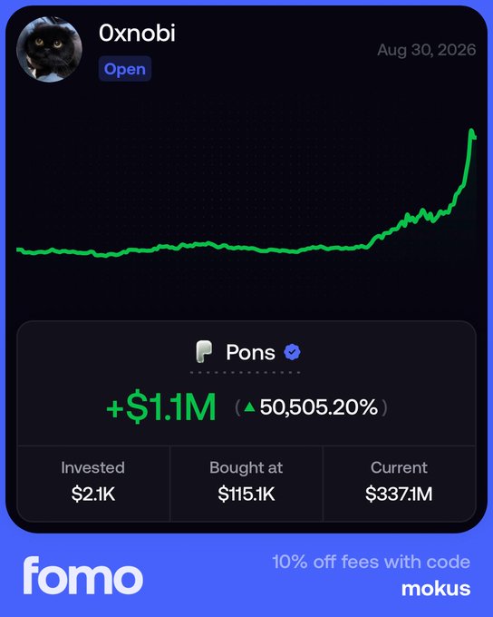 The image shows a Fomo app P&L card for user "0xnobi" featuring a profile picture of a black cat, with a green chart trending sharply upward, showing a profit of +$1.1M (▲50,505.20%) on an investment of $2.1K that grew from $115.1K bought to a $337.1M current value, dated Aug 30, 2026. The card visually illustrates the post's message about early bull market gains—turning a small investment into life-changing profits—and teases the massive PNL cards expected during the bull market's peak, with a "10% off fees with code mokus" promotion at the bottom.