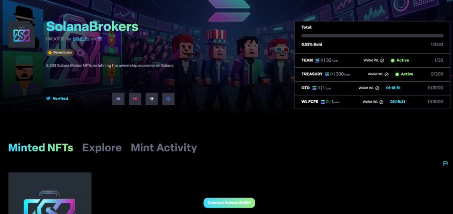 A screenshot of the SolanaBrokers NFT minting page showing the project is "Revealed" with "3,353 Solana Broker NFTs redefining the ownership economy on Solana" and a "Connect Solana Wallet" button, displaying a 0.03% sold progress and 1/33 team tokens minted.