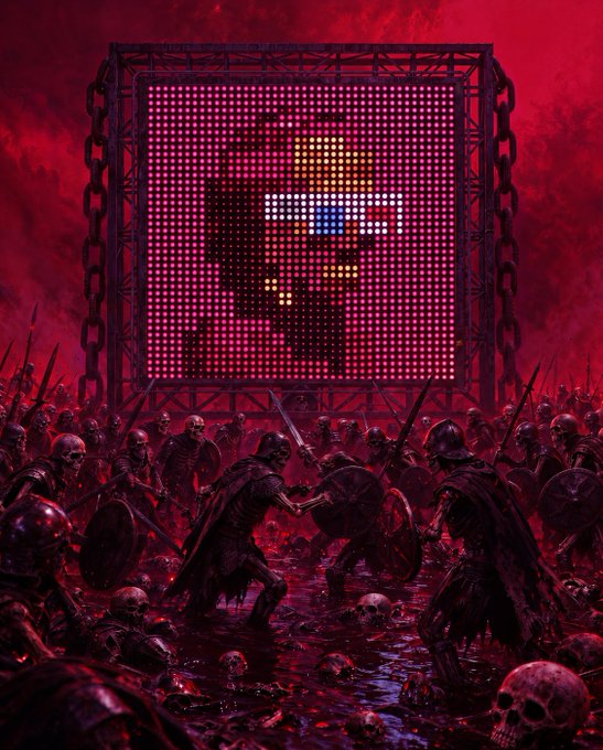 A dark, dramatic digital artwork depicting skeletal warriors and soldiers in battle beneath a large LED screen displaying a pixelated face, all bathed in red lighting with skulls scattered on the ground.