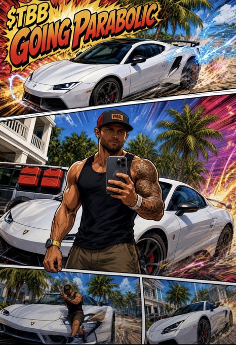 A vibrant comic-style image showing a muscular tattooed man posing beside a sports car with the bold headline "$TBB GOING PARABOLIC," symbolizing the explosive upward momentum and collective energy needed to push the token toward its 21M market cap goal. The dynamic action panels and superhero-like imagery reinforce the post's theme of rallying the "21 whale group" together to break out of the trading channel and achieve breakout success.