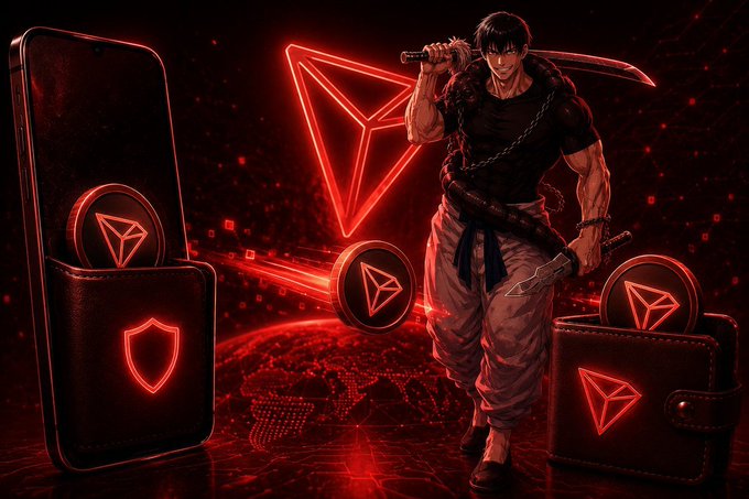 Stylized digital artwork showing a muscular man with a sword standing between two wallets, with a glowing red TRON (TRX) cryptocurrency logo in the background.