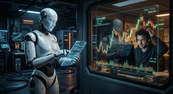 A humanoid robot examines a transparent data display while a man looks on stressed in front of a screen showing BTC/USD trading charts and candlestick patterns. The image visually reinforces the post's theme of studying crypto coin creation, depicting an AI analyzing market data and human trading behavior related to the $BUG token.