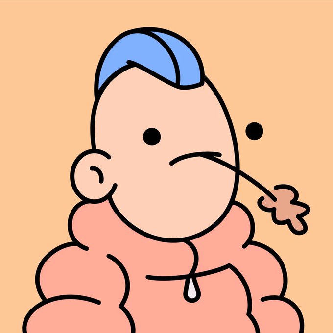 A cartoon illustration depicts a man with a blue mohawk and a muscular pink body, pinching his nose with one hand as a fly buzzes near him and a droplet falls from his nose.