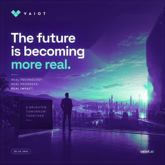 A futuristic promotional poster for 'VAIOT' with the tagline 'The future is becoming more real,' showing a silhouette overlooking a neon-lit cityscape, dated 28.10.2024.