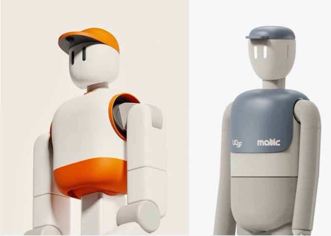 The image shows two humanoid robot designs side by side—the left features an orange and white color scheme with a cap, while the right displays a gray-blue and white robot with "UBF" and "matic" branding on its chest plate—suggesting a possible collaboration or design evolution hinting at Matic Robots' entry into humanoid robotics development.