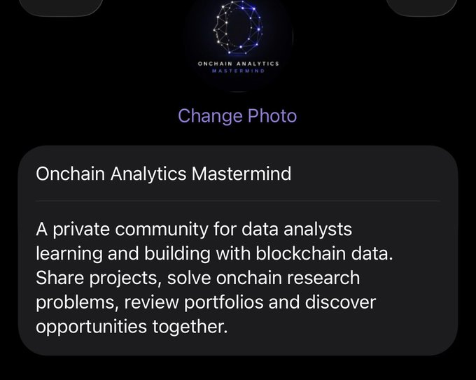 A screenshot of the "Onchain Analytics Mastermind" community profile page on a platform like Skool, showing a description that reads "A private community for data analysts learning and building with blockchain data. Share projects, solve onchain research problems, review portfolios and discover opportunities together." The image relates to the post by showcasing the community the author is inviting researchers to join for collaborative on-chain analytics work across various chains.