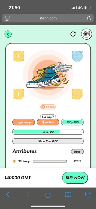 A mobile screenshot from stepn.com shows a pair of "Legendary Walker" virtual shoes (Level 20) priced at 140000 GMT with a "BUY NOW" button.