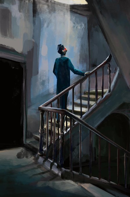A moody painting depicts a figure in a long teal coat ascending a spiral staircase bathed in light from above.