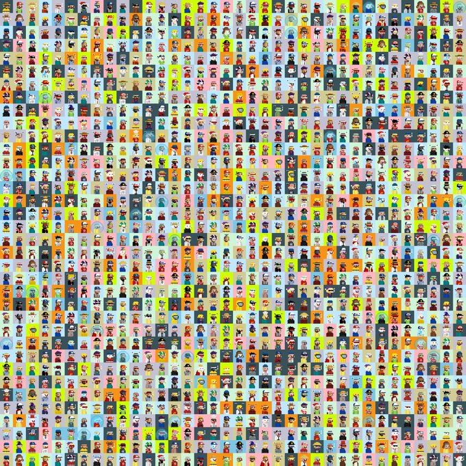 A dense grid collage made up of hundreds of small, colorful pixel-art character avatars against various pastel backgrounds.