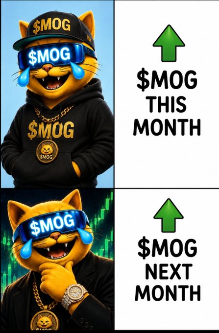 A two-panel meme featuring a crying cat wearing $MOG merchandise with text predicting '$MOG THIS MONTH' and '$MOG NEXT MONTH' with upward green arrows.