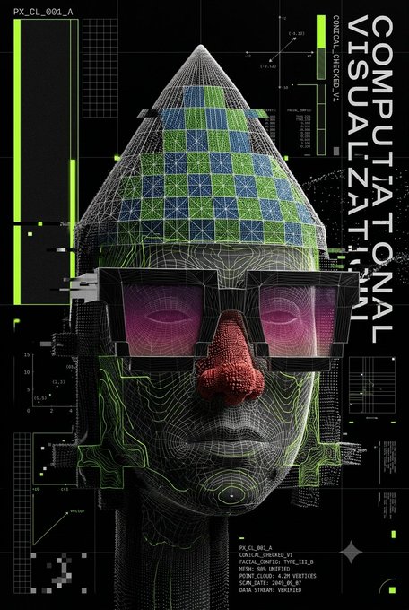 A futuristic cyberpunk-style digital artwork featuring a wireframe face with pink sunglasses, a conical checkerboard hat, and the text 'COMPUTATIONAL VISUALIZATION' vertically on the right side, with technical data overlays.
