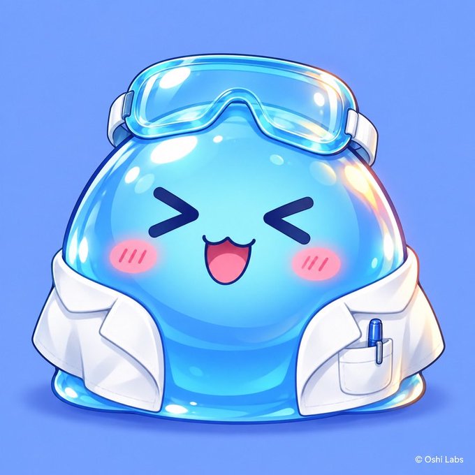 A cute, kawaii-style cartoon illustration of a blue slime character wearing blue safety goggles and a white lab coat with a pen in the pocket, smiling joyfully against a light blue background. Watermarked '© Oshi Labs'.