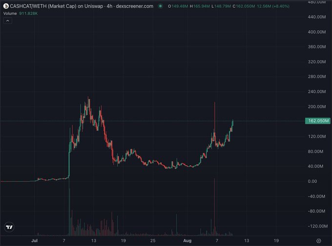 A TradingView candlestick chart titled 'CASHCAT/WETH (Market Cap) on Uniswap' showing price action with values ranging from approximately $80M to $200M over a 4-hour timeframe from July to August.