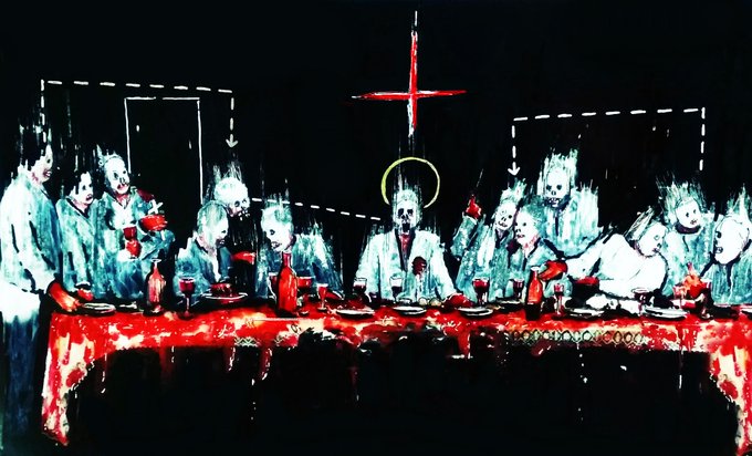 Dark, stylized painting parodying The Last Supper with grotesque figures seated at a blood-red table beneath a glowing red cross and yellow halo.