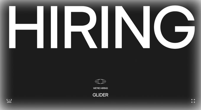 A black banner with large white text reading 'HIRING' and a smaller logo at the bottom stating 'WE'RE HIRING GLIDER'.