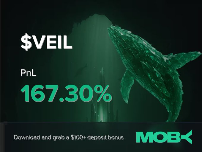 The image is a promotional win alert graphic from Moby Mobile, featuring a dramatic underwater scene with a large whale silhouette in green tones. It prominently displays "$VEIL" as the trading pair with a striking "PnL 167.30%" in bright green text, alongside the call-to-action "Download and grab a $100+ deposit bonus" and the Moby logo, visually celebrating the trader's significant profit.