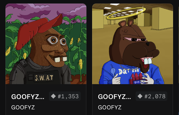 The image displays two NFT artworks from the "GOOFYZ" collection, showing cartoonish characters: one is a SWAT-themed figure priced at #1,353 and the other is a bear in a blue shirt holding dynamite at #2,078, both linked to an Opensea giveaway post by @FilthyTrikksEth.