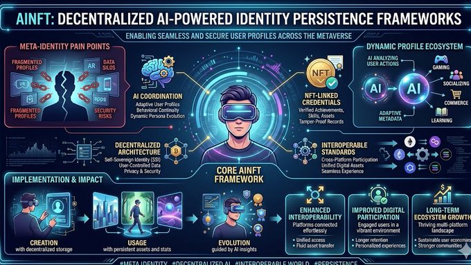 The image features a large, blue illustration depicting various aspects of decentralized AI-powered identity persistence in a virtual environment or metropolis setting. This visually engaging infographic can be found at [link here] in a post discussing AINFT's interest in exploring identity persistence in the metropolis.