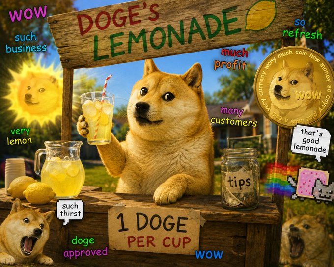 A Doge meme image titled 'Doge's Lemonade' features the Shiba Inu at a lemonade stand, advertising '1 Doge Per Cup' with various meme phrases like 'wow,' 'much profit,' and 'so refresh' scattered throughout.