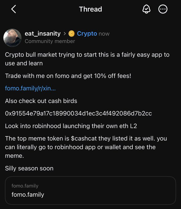 A Threads post by user "eat_insanity" in the Crypto community promotes the Fomo trading app with a referral link (fomo.family/r/xin) for 10% off fees, while also pitching the meme token $ashcat and referencing Robinhood's upcoming ETH L2 launch, aligning with the user's goal of onboarding people to Fomo and highlighting Cash Birds.