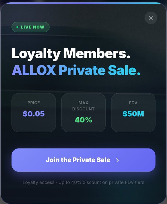 A promotional graphic for an "ALLOX Private Sale" for Loyalty Members, showing a price of $0.05, a maximum discount of 40%, and a fully diluted valuation (FDV) of $50M, with a button to "Join the Private Sale."