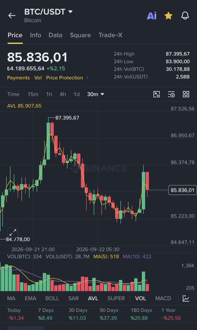 A Binance app screenshot showing the BTC/USDT trading pair at $85,836.01 (down 2.15%), with a 30-minute candlestick chart and price statistics.
