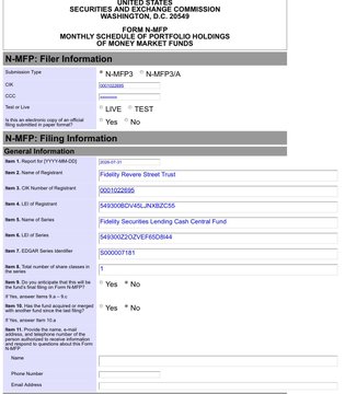An SEC Form N-MFP monthly schedule of portfolio holdings for N-MFP3, showing Fidelity's money market fund (Fidelity Revere Street Trust) with $903,102,5005 in holdings, including "Fidelity Securities Lending Cash Central Fund" and a "TEST" submission indicator. The caption relates to the post's reference to an SEC filing, displaying the official form header "UNITED STATES SECURITIES AND EXCHANGE COMMISSION" and the Washington D.C. address at the top.