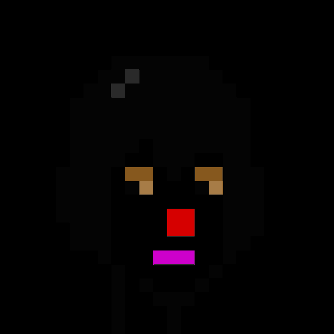 A pixel art illustration depicts a face with brown eyes, red nose, and pink lips emerging from a black background.