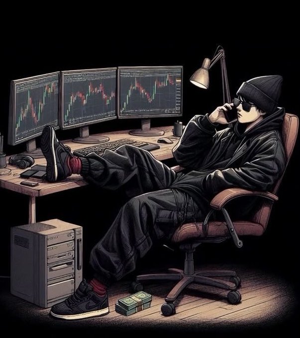A stylized illustration of a person in a black beanie, sunglasses, and dark clothing sitting at a desk with three monitors displaying trading charts, with sneakers propped on the table and stacks of cash on the floor.
