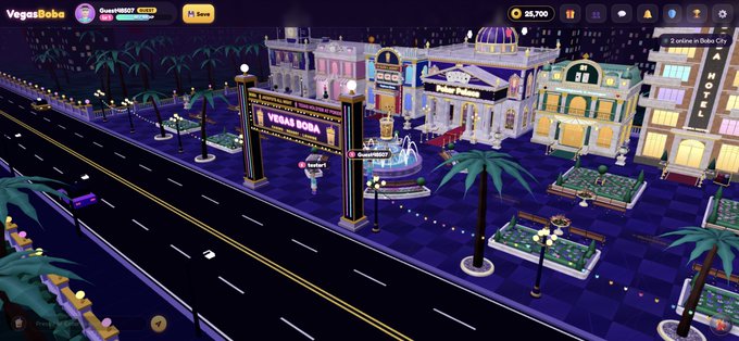 A nighttime screenshot from the virtual world Decentraland showing the VegasDoba area, featuring lit-up casino buildings like 'Mega Millions,' 'Alam Palac,' and 'AHAYE' along a road with palm trees.