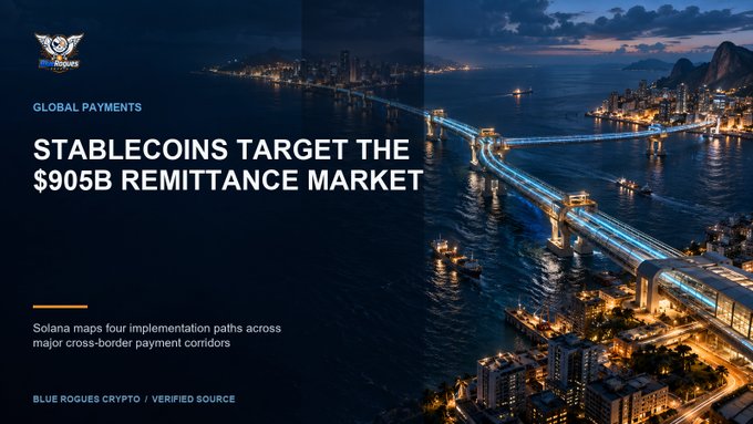 A promotional graphic titled 'STABLECOINS TARGET THE $905B REMITTANCE MARKET' by Blue Rogues Crypto, featuring a nighttime coastal cityscape with a bridge and Solana's branding.