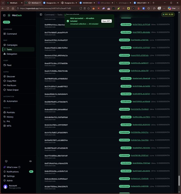 A screenshot of the MintDash platform shows a "Tasks" page displaying a long list of confirmed NFT mints, each with a unique transaction hash, accompanied by a success notification reading "Mint succeeded — 49 wallets Included" and "Unrivaled collection — 49 included," with the wallet address "0xd12f7aA17EdaE1" and a balance of "0.25 ETH" visible at the top right.