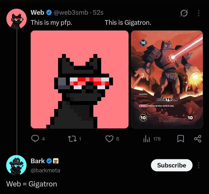 A tweet by Web (@web3smb) comparing his pixel-art cat pfp to the 'Gigatron' NFT card, with a reply from Bark (@barkmeta) reading 'Web = Gigatron'.