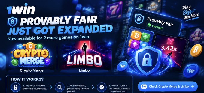 Promotional graphic for the online gambling site 1win announcing that their 'Provably Fair' system has been expanded to two more games, specifically 'Crypto Merge' and 'Limbo'.