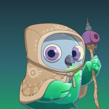 A cartoon illustration of a small owl character wearing a beige hooded robe and green gloves, holding a wooden staff with a purple orb.