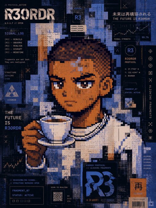 The image features an illustration of a young boy holding a cup of coffee, with the text "R3ord" written above him. The background of the image includes various texts related to cryptocurrency, such as "Good afternoon gArc Crypto keeps adding more tools but somehow the experience keeps feeling more fragmented that's the part that pushed me toward @TheARCTERMINAL You open one tab to track wallets. Another for research. Another for swaps. Another for analytics." The boy in the image appears to be holding a cup of coffee, which is placed on his left side.