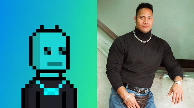 A side-by-side comparison pairs a pixel art character with cyan hair and a stoic expression next to a photograph of a man wearing a black turtleneck, silver chain, and jeans, leaning against a ledge.