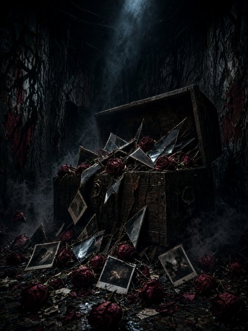 A dark, atmospheric digital artwork shows an open treasure chest filled with broken mirrors and wilted roses, surrounded by scattered photographs in a forest setting.