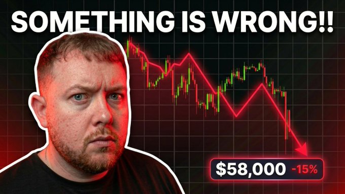 A YouTube thumbnail titled "SOMETHING IS WRONG!!" features a man looking concerned next to a downward red Bitcoin price chart showing a drop to $58,000 (-15%). The image visually promotes the video's alarming message about a sudden Bitcoin price decline.