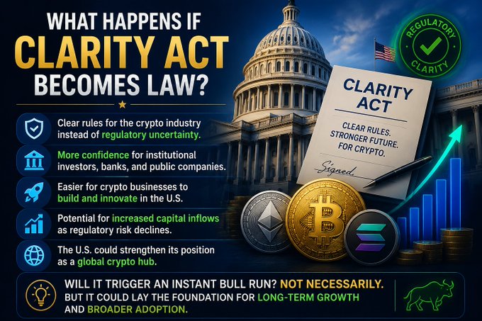 An infographic titled 'WHAT HAPPENS IF CLARITY ACT BECOMES LAW?' details potential benefits for the crypto industry, featuring icons of Bitcoin, Ethereum, and Solana.